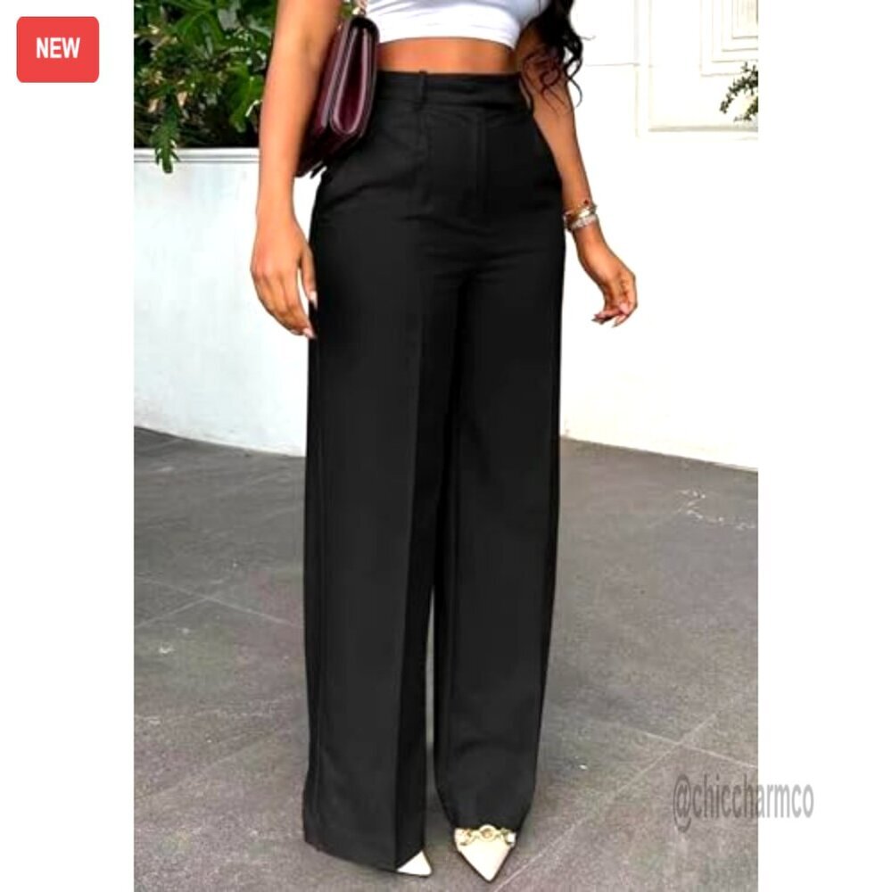 High Waisted Wide Leg Dress Pants Business Casual Slacks Polyester Spandex - Picture 2 of 6